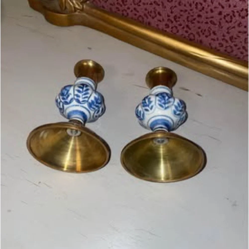 Solid Brass Delft Floral Blue White Porcelain2/  Taper 5” Candlestick Holders